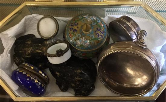 Gilt metal mounted glass casket, enamel boxes & sundries